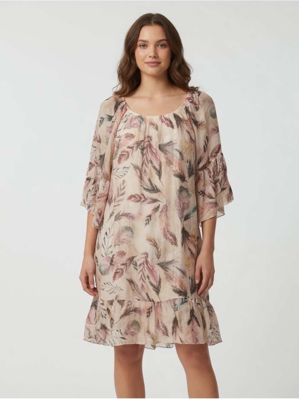Via SIGNORIA Made in Italy Silk Blend Feather Print Boho Mini Dress - Small